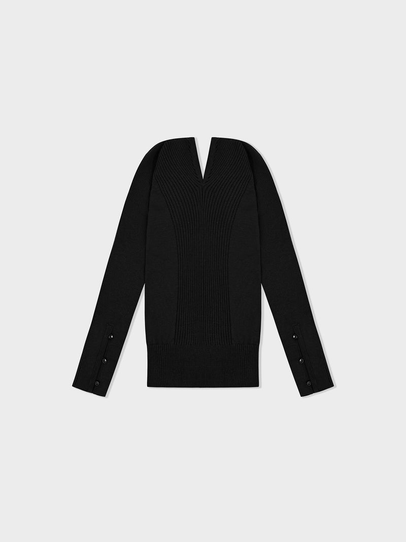 Deep V-Neck Knit Cardigan - Black