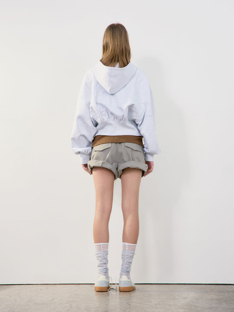 Back Rib Crop Hoodie - Melange Grey