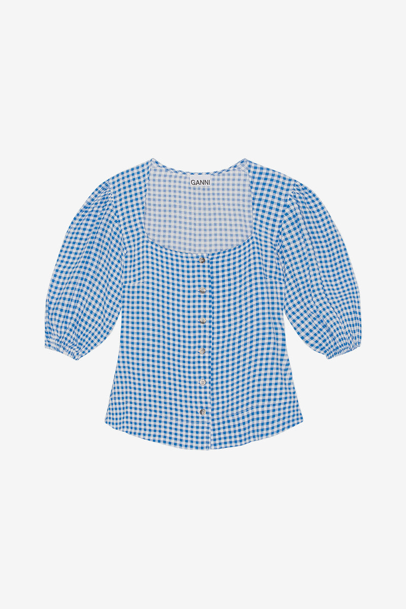 Printed Crepe Button Down Blouse - Strong Blue