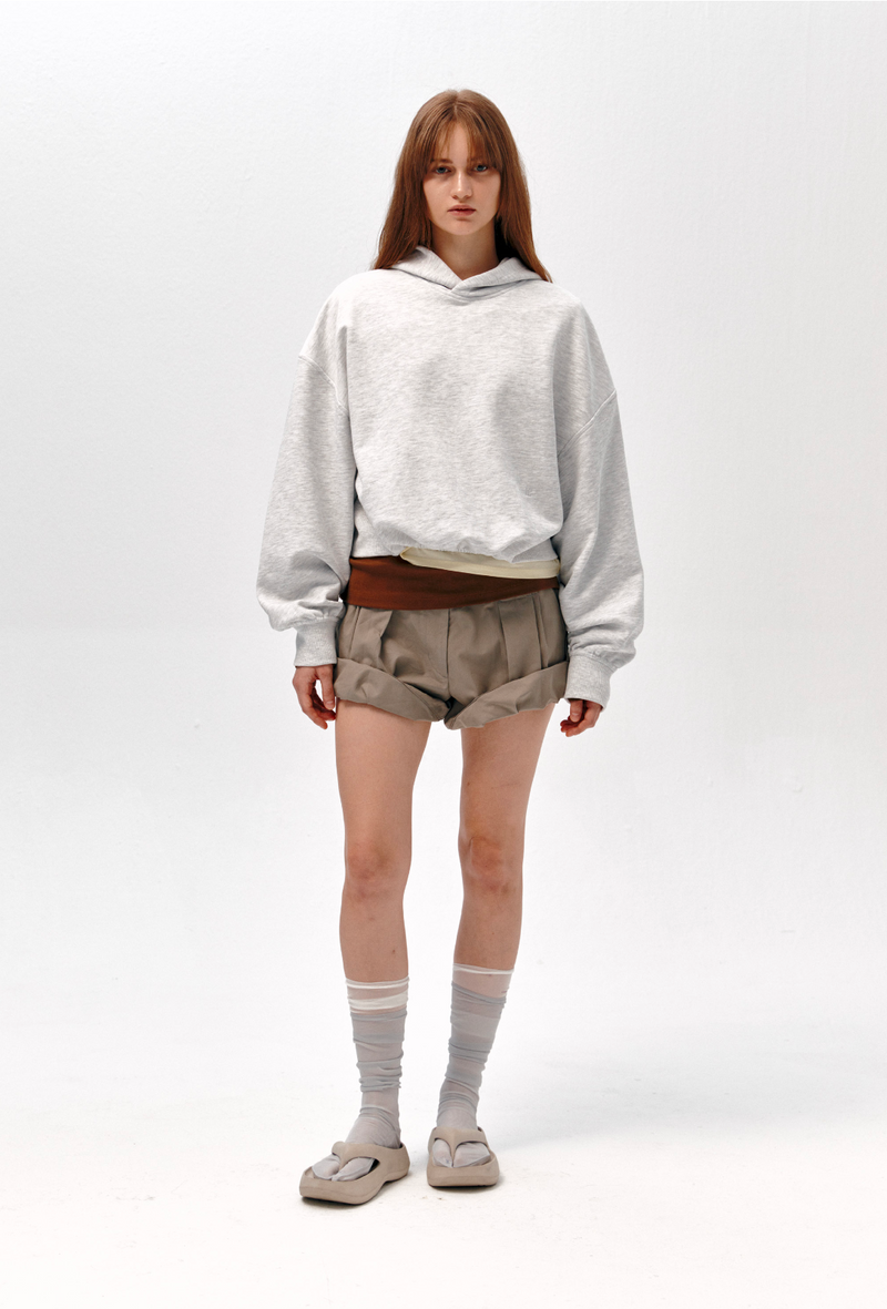 Back Rib Crop Hoodie - Melange Grey