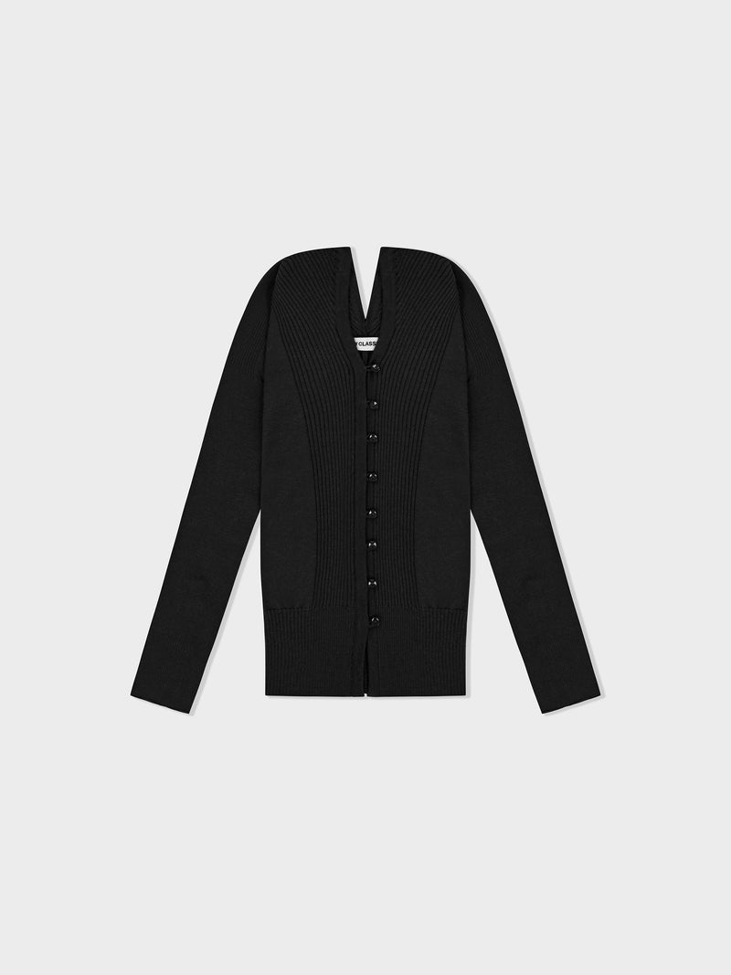 Deep V-Neck Knit Cardigan - Black
