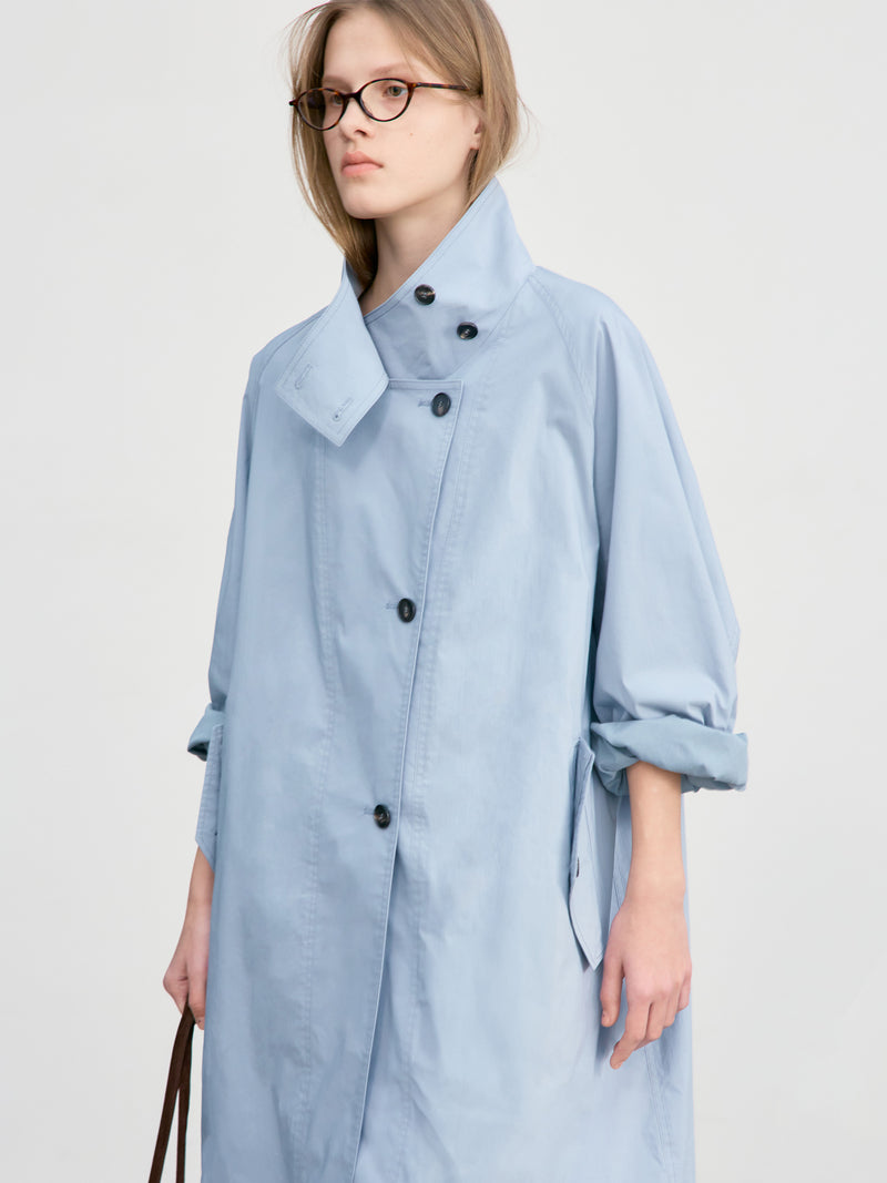 Raglan High Neck Trench Coat - Blue