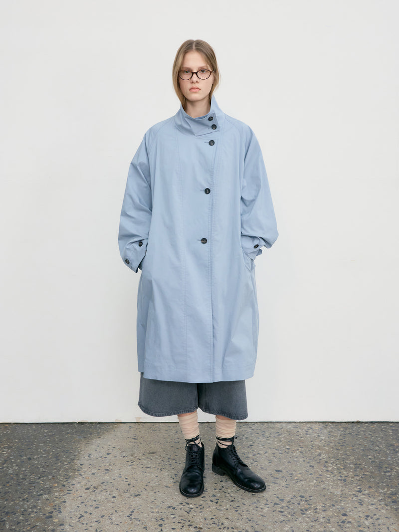 Raglan High Neck Trench Coat - Blue