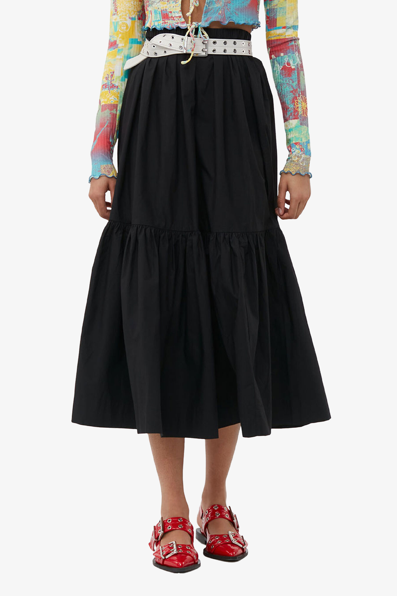 Cotton Poplin Maxi Flounce Skirt - Black