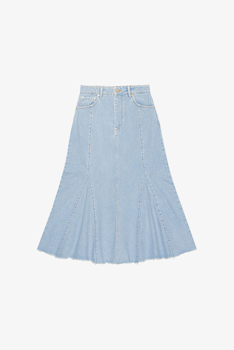 Light Blue Stone Bleach Denim Peplum Midi Skirt