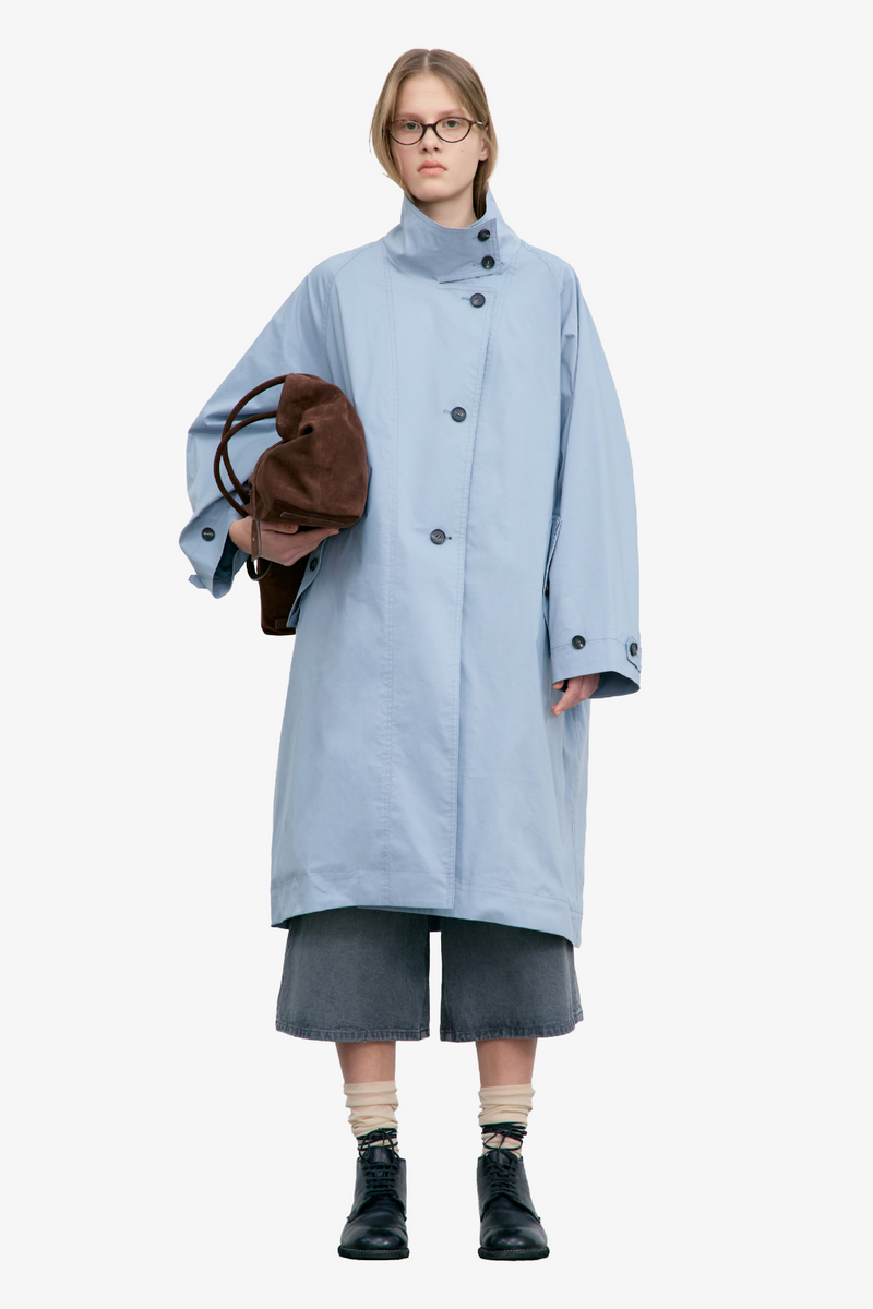 Raglan High Neck Trench Coat - Blue