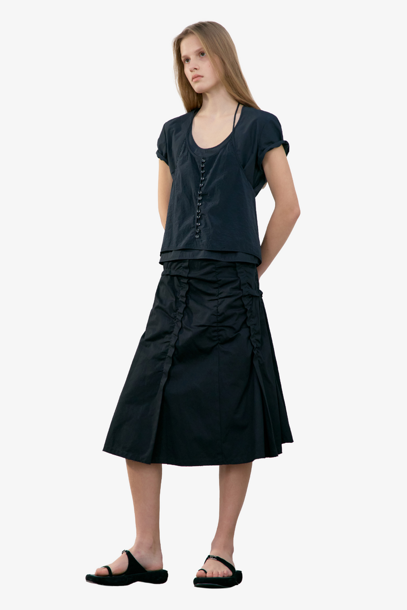 Raw Cut Shirring Skirt - Black