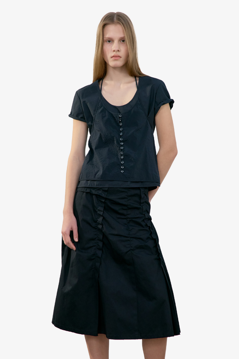 Raw Cut Shirring Skirt - Black