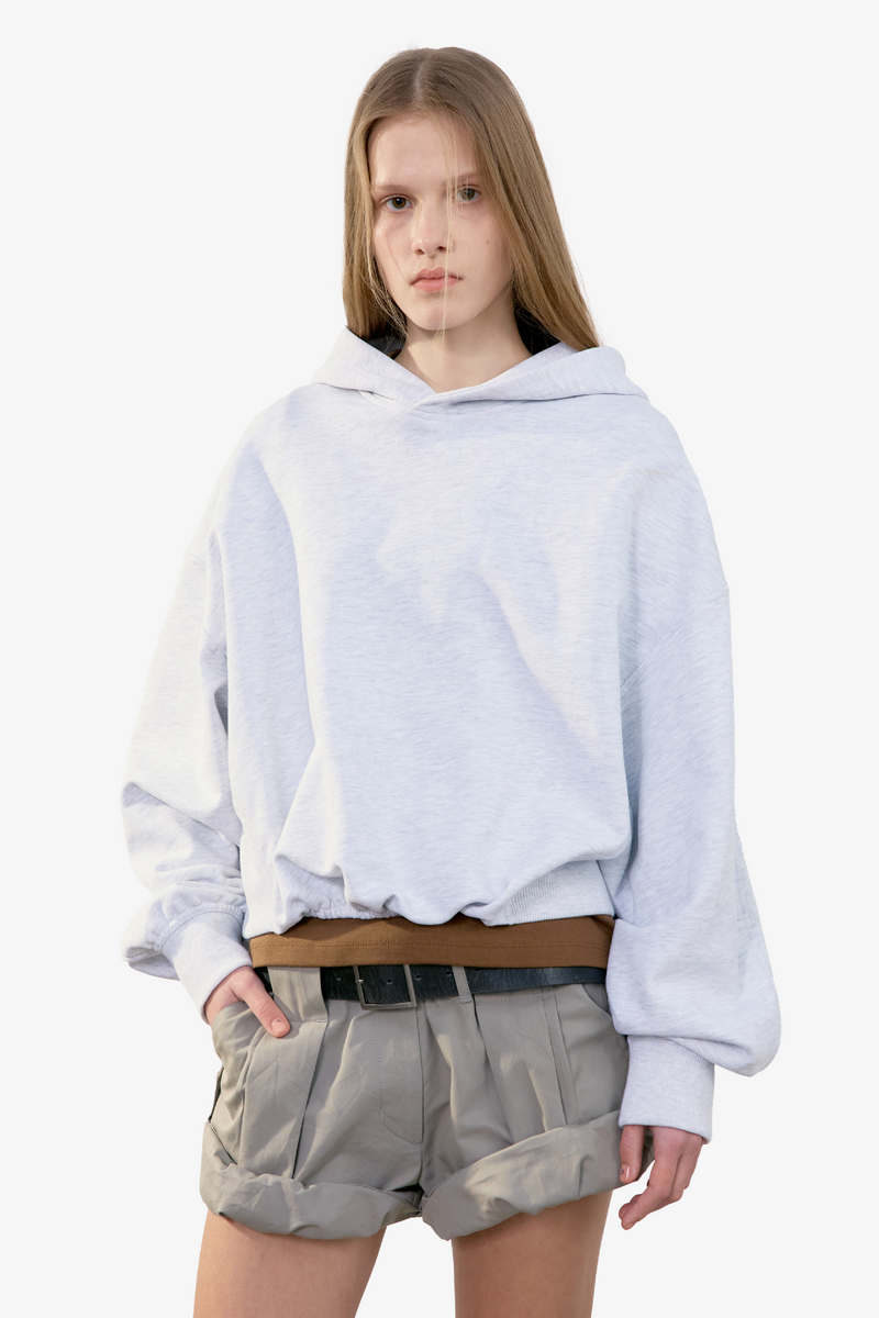 Back Rib Crop Hoodie - Melange Grey