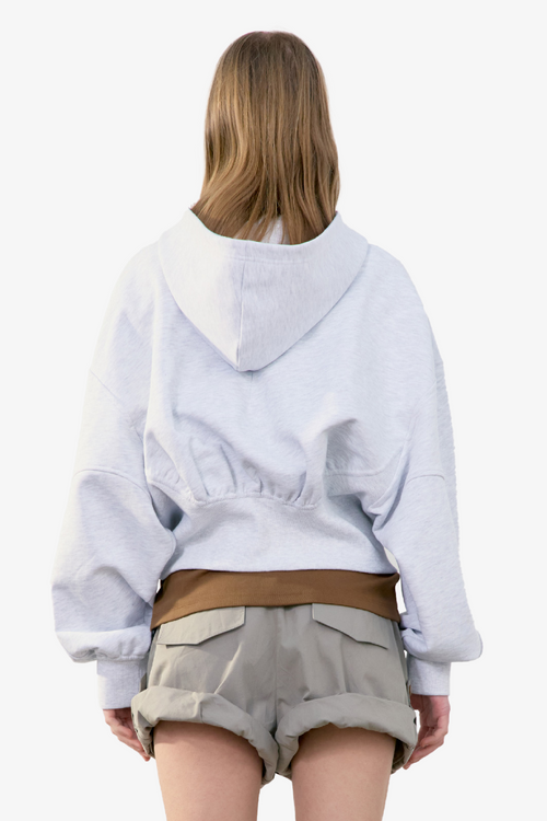 Back Rib Crop Hoodie - Melange Grey