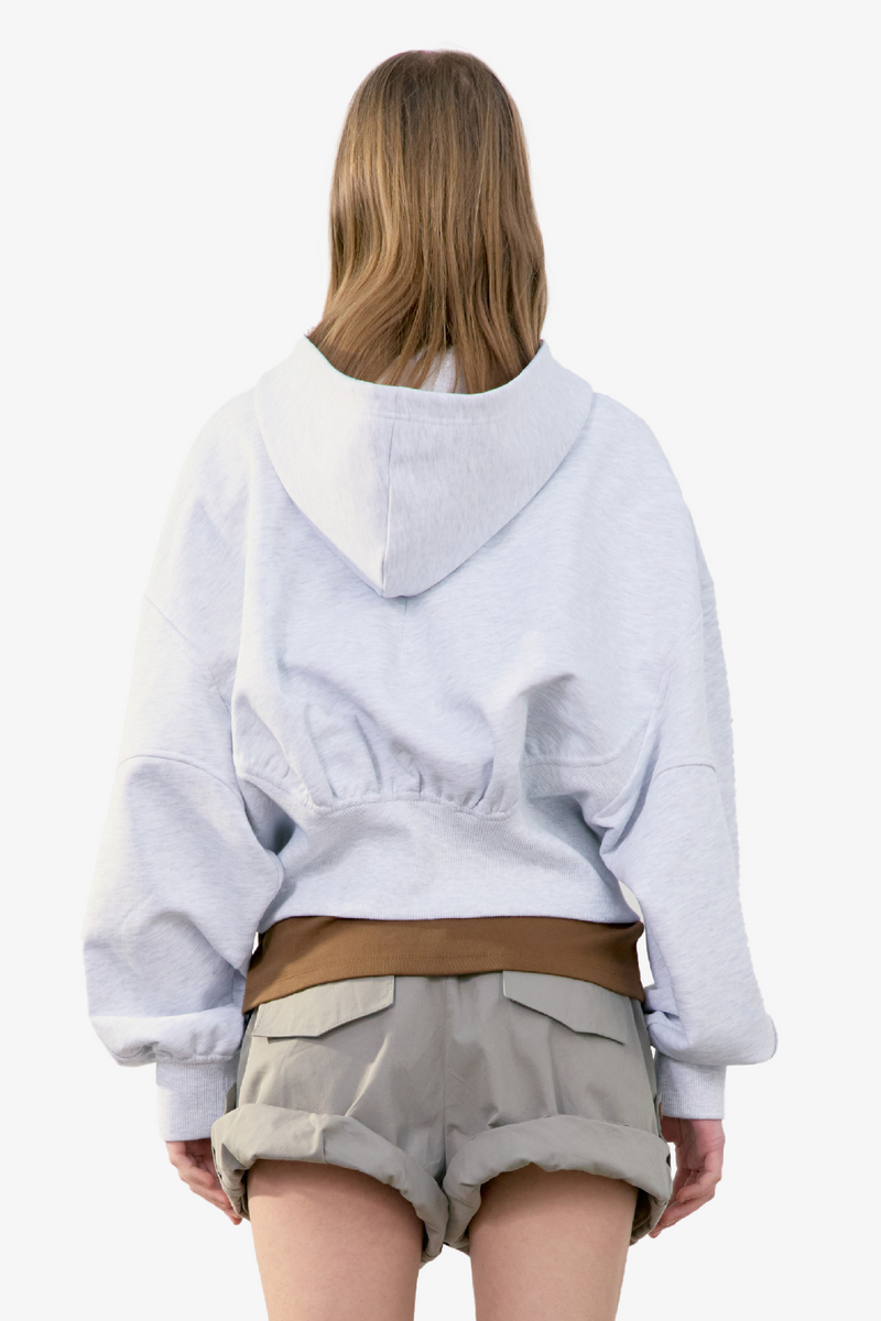 Back Rib Crop Hoodie - Melange Grey