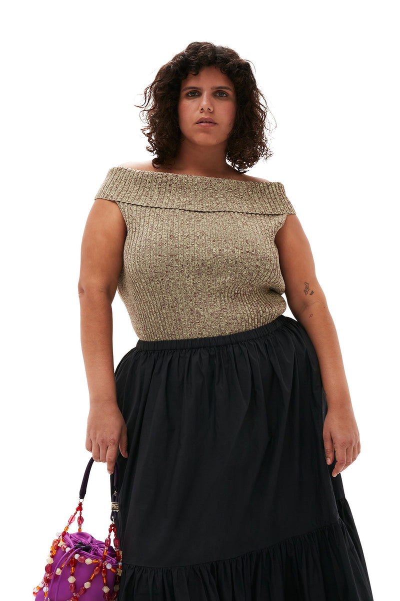 Cotton Poplin Maxi Flounce Skirt - Black