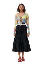 Cotton Poplin Maxi Flounce Skirt - Black