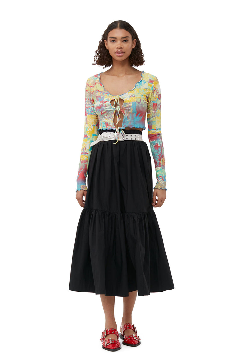 Cotton Poplin Maxi Flounce Skirt - Black