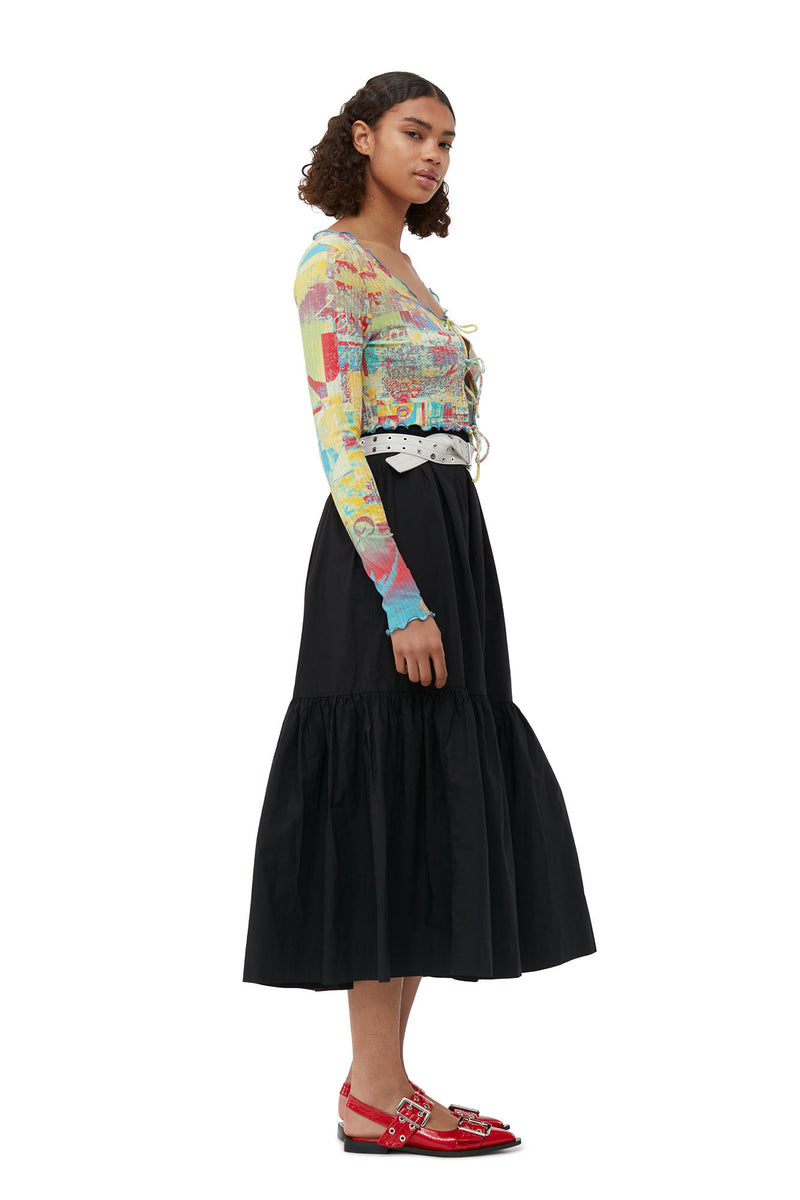 Cotton Poplin Maxi Flounce Skirt - Black