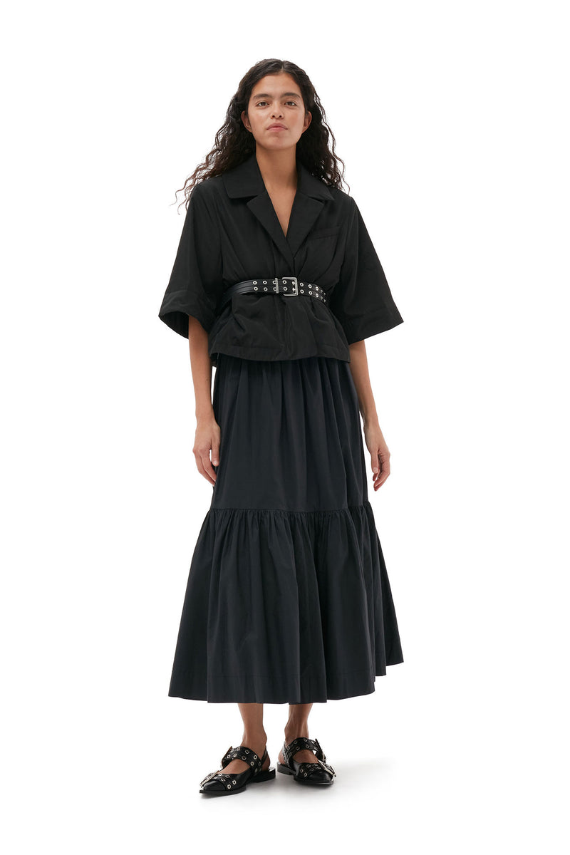 Cotton Poplin Maxi Flounce Skirt - Black