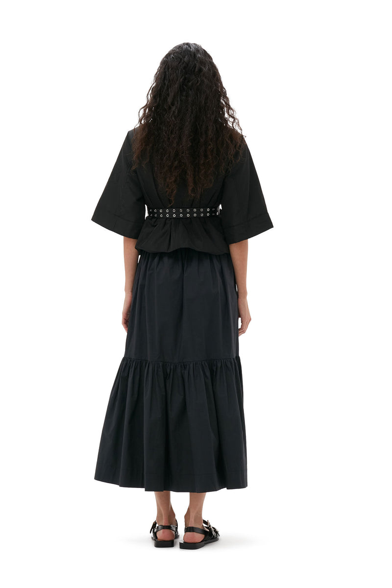 Cotton Poplin Maxi Flounce Skirt - Black