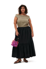 Cotton Poplin Maxi Flounce Skirt - Black