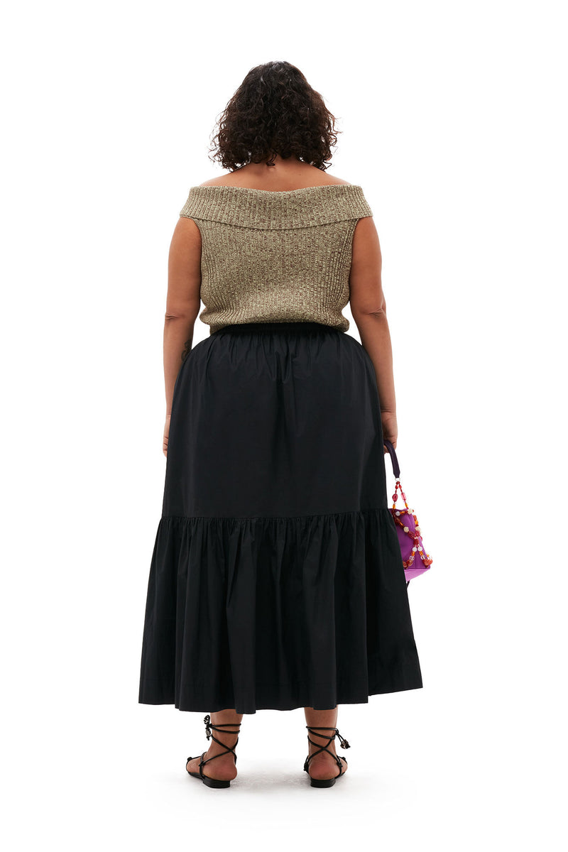 Cotton Poplin Maxi Flounce Skirt - Black