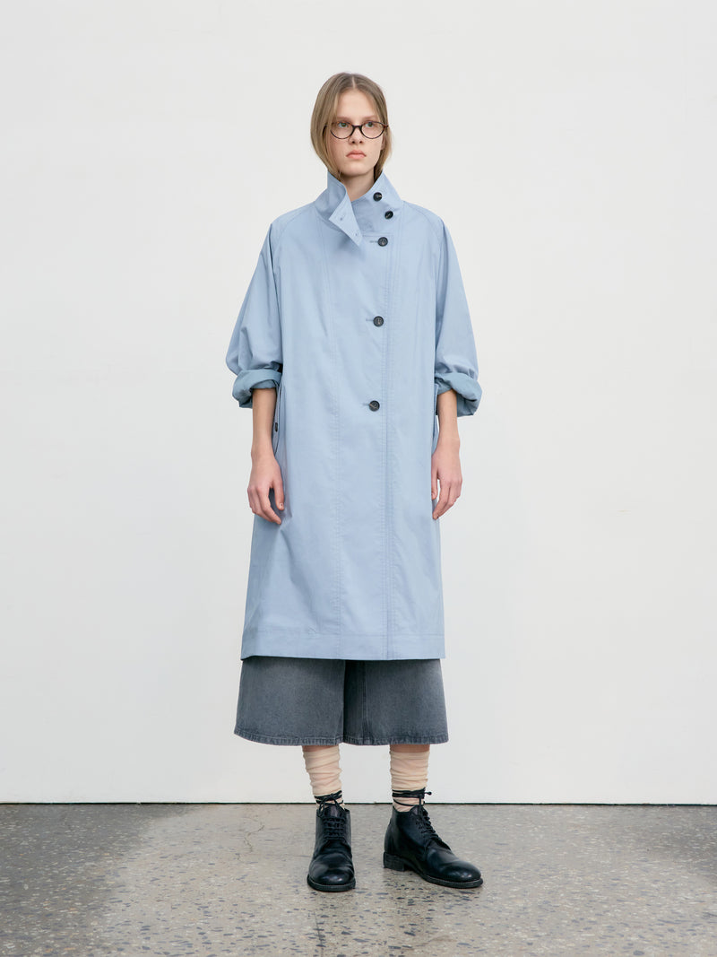 Raglan High Neck Trench Coat - Blue