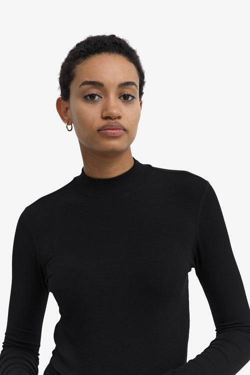Modal Ribbed Mockneck Long Sleeve T-Shirt - Black